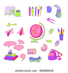 School set of objects. Various colorful school subjects, vector illustration.