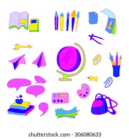 School set of objects. Various colorful school subjects, vector illustration.