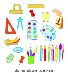 School set of objects. Various colorful school subjects, vector illustration.