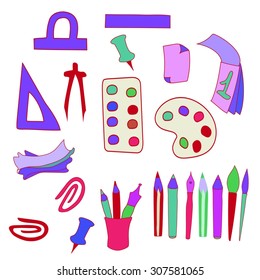 School set of objects. Various colorful school subjects, vector illustration.