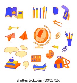 School set of objects. Various colorful school subjects, vector illustration.