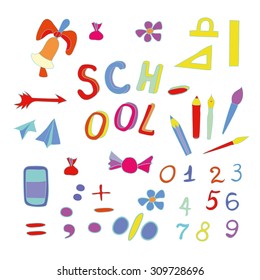 School set of objects. Various colorful school subjects, vector illustration.