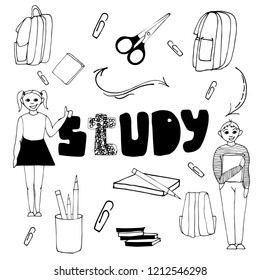 school set on white background,pupils vector, bag pack,black and white isolated  objects pattern,happy children