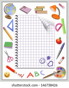  School set. Page of a notebook and tooling.  Vector illustration. Set of school tools and list.