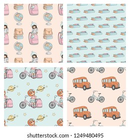 SCHOOL SET School Seamless Color Vector Illustration for Print, Textile, Fabric, Wall Decor and Scrapbooking 