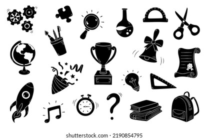 School set silhouette in simple style, vector illustration. Back to school concept, isolated symbols on a white background. Icon collection, hand drawn for print and design. Online education sketch