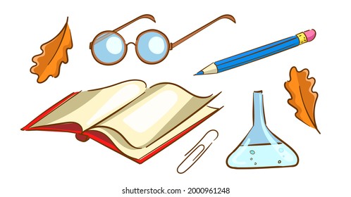 a school set of subjects for chemistry classes at school or at university, isolated on a white background. Flask, glasses, notebook, pencil