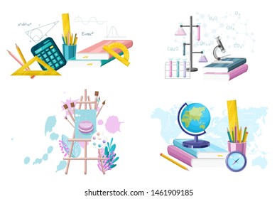 School set supplies collection. Mathematics. geography, chemistry and painting supplies set Vector flat style. Main courses illustrate