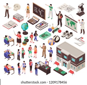 School set with teachers lesson equipment and education symbols isolated isometric vector illustration