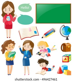 Escolar con ilustraciones de profesores y estudiantes