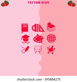 School Set vector  icon. Strawberry Background.