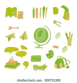 School set of vector objects. Various colorful school supplies.
