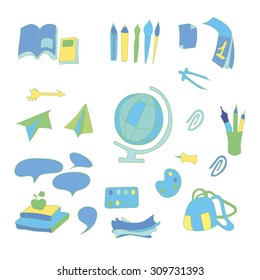 School set of vector objects. Various colorful school supplies.