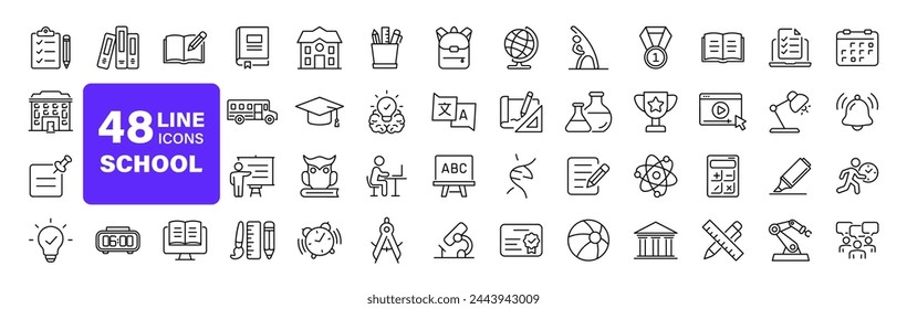 School set of web icons in linear style. Education and knowledge icons for web and mobile app. Back to school. Learning, classroom, students, online education. Vector illustration