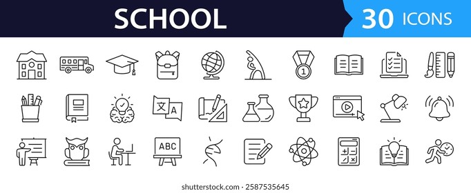 School set of web icons in linear style. Education and knowledge icons for web and mobile app. Back to school. Learning, classroom, students, online education. Vector illustration