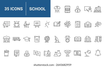 School set of web icons in linear style. Education and knowledge icons for web and mobile app. Back to school. Learning, classroom, students, online education. Vector illustration