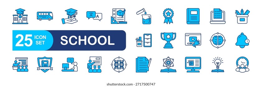 Conjunto de iconos web de la escuela en estilo lineal. concepto de Ilustración vectorial relacionado con la universidad, libro, estudiante, académico, graduado, aprender