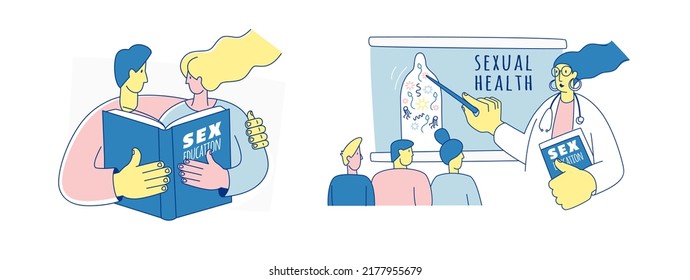 School Sexuality Education Program. School Lesson On Safe Sex Education For Students. Teacher Doctor At The Board. Vector Illustration Doodles, Line Art Style Design