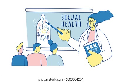 School Sexuality Education Program. School's Lesson On Safe Sex Education For  Students. Teacher Doctor At The Board. Vector Illustration Doodles, Line Art Style Design