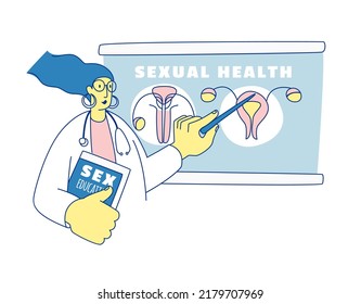 School Sexuality Education Program. Schools Lesson On Safe Sex Education For Students. Teacher Doctor At The Board. Vector Illustration Doodles, Line Art Style Design