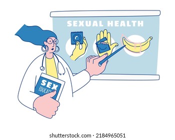 School Sexuality Education Program. Schools Lesson On Safe Sex Education For  Students. Teacher Doctor At The Board. Vector Illustration Doodles, Line Art Style Design