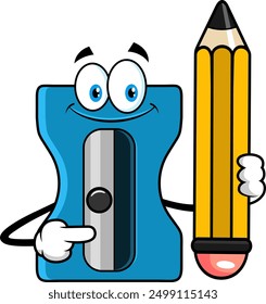 School Sharpener Cartoon Character Holding A Pencil. Vector Hand Drawn Illustration Isolated On Transparent Background