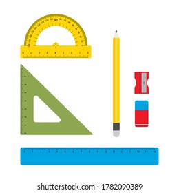 
School sharpener, ruler set, pencil and eraser. Back to school. School office. Flat vector illustration.