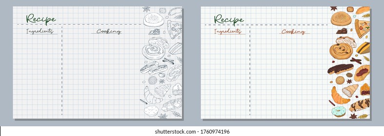 School sheets of paper with hand-drawn homemade cakes, donut, cake and cookies in monochrome and color for writing delicious recipes for your dishes