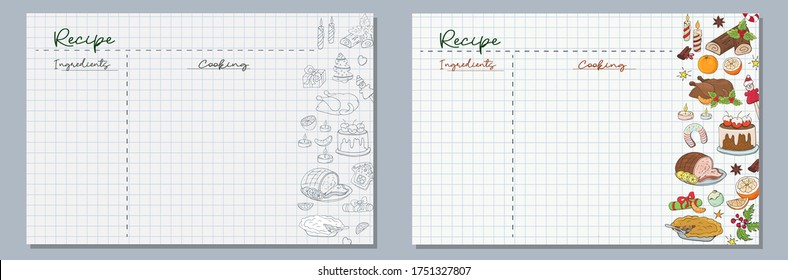 School sheets of paper with hand-drawn ingredients for a festive Christmas dinner, turkey, sweet cake, oranges, sweets and gingerbread cookies in monochrome and color for writing delicious recipes for