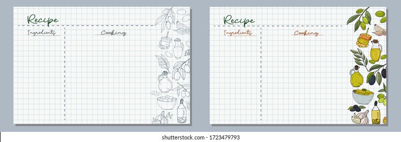 School sheets of paper with hand-drawn olives, an olive branch, olive oil in a jug and in a bottle, a dish with olives and canapes in monochrome and color for writing delicious recipes for your dishes