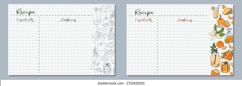 School sheets of paper with hand-drawn oranges and orange dishes, orange juice, cakes, cookies and peeled slices of oranges in monochrome and color for writing delicious recipes for your dishes