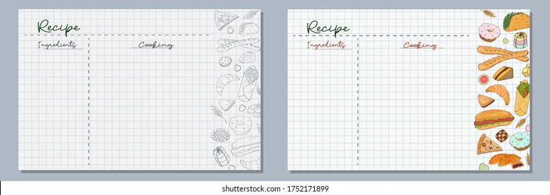 School sheets of paper with hand-drawn pastries, gambkrger, sandwich, donut, cake and cookies in monochrome and color for writing delicious recipes for your dishes
