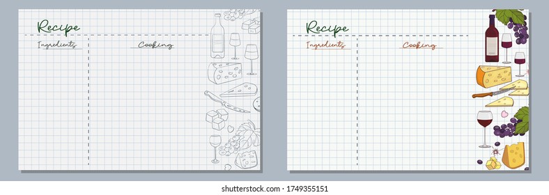 School sheets of paper with hand-drawn pieces of cheese, grapes, glasses and a bottle of wine in monochrome and color for writing delicious recipes for your dishes