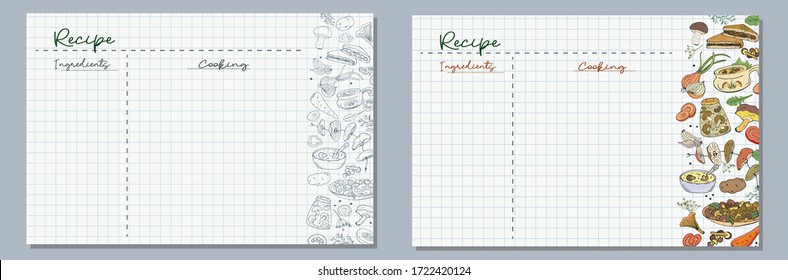 School sheets of paper with images of mushrooms and mushroom dishes for writing delicious recipes for your dishes
