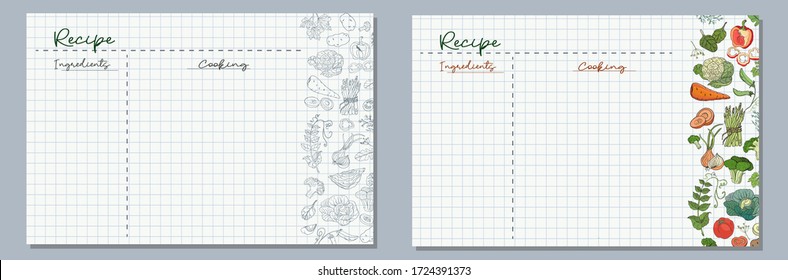 School sheets of paper with images of vegetables cabbage, tomatoes, asparagus, broccoli, onions, carrots for writing delicious recipes for your dishes
