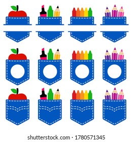 School shirt pocket. Vector illustration, jeans pocket with teacher apple, crayons, markers, pencils. Collection of isolated split elements used as name border; circle monogram frames