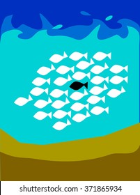 A school or shoal of fish on the seabed with one black fish as an outsider or leader of the team.