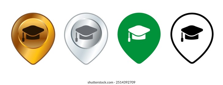 Área de señalización de la escuela academia sombrero de graduación universitaria símbolo de ubicación mapa de puntos de alfiler de navegación marca de diseño conjunto de iconos de colección