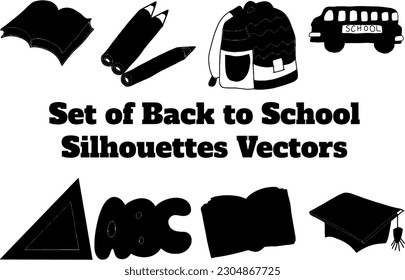 School silhouettes, a set of back to school equipment silhouettes vector, and a school icon vector in flat style
