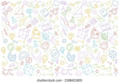 School sketch doodle background. Hand drawn vector color line. Editable stroke size.