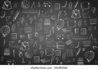 School sketch with hand drawn doodles, simple pattern on black chalkboard background. Vector illustration.