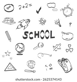 School sketch icons. Hand-drawn by hand. SCHOOL, rocket, clock, globe, math. Vector illustration for education, design.