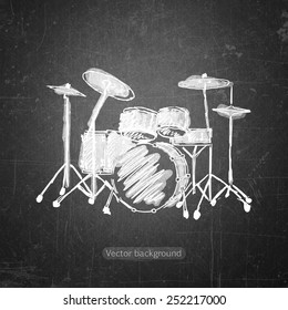  school sketches drum kit on blackboard, vector background