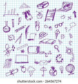 School sketches on notebook sheet. drawing hand