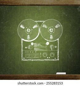 school sketches radio cassette player on blackboard, vector background