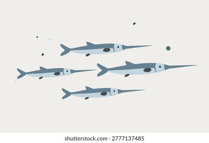 School of small fish in linear composition simple ocean illustration