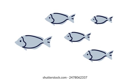 School of small fishes swimming underwater in sea. Marine fry group in ocean. Aquatic undersea nature. Under water fauna, animals. Flat graphic vector illustration isolated on white background