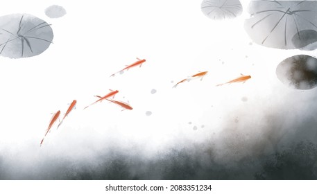 School of small red fishes under lotus leaves. Traditional oriental ink painting sumi-e, u-sin, go-hua