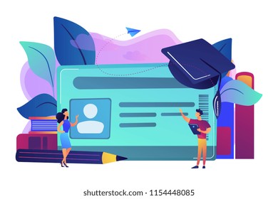 School Smart Card With Photo And Users. Student Profile And School Attendance, Student Identification With Microchip, School Access And Payment Concept, Violet Palette. Vector Isolated Illustration.