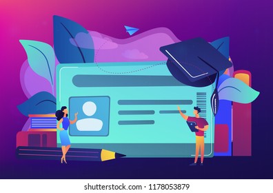School smart card with photo and users. Student profile and school attendance, student identification with microchip, school access and payment concept, violet palette. Vector isolated illustration.